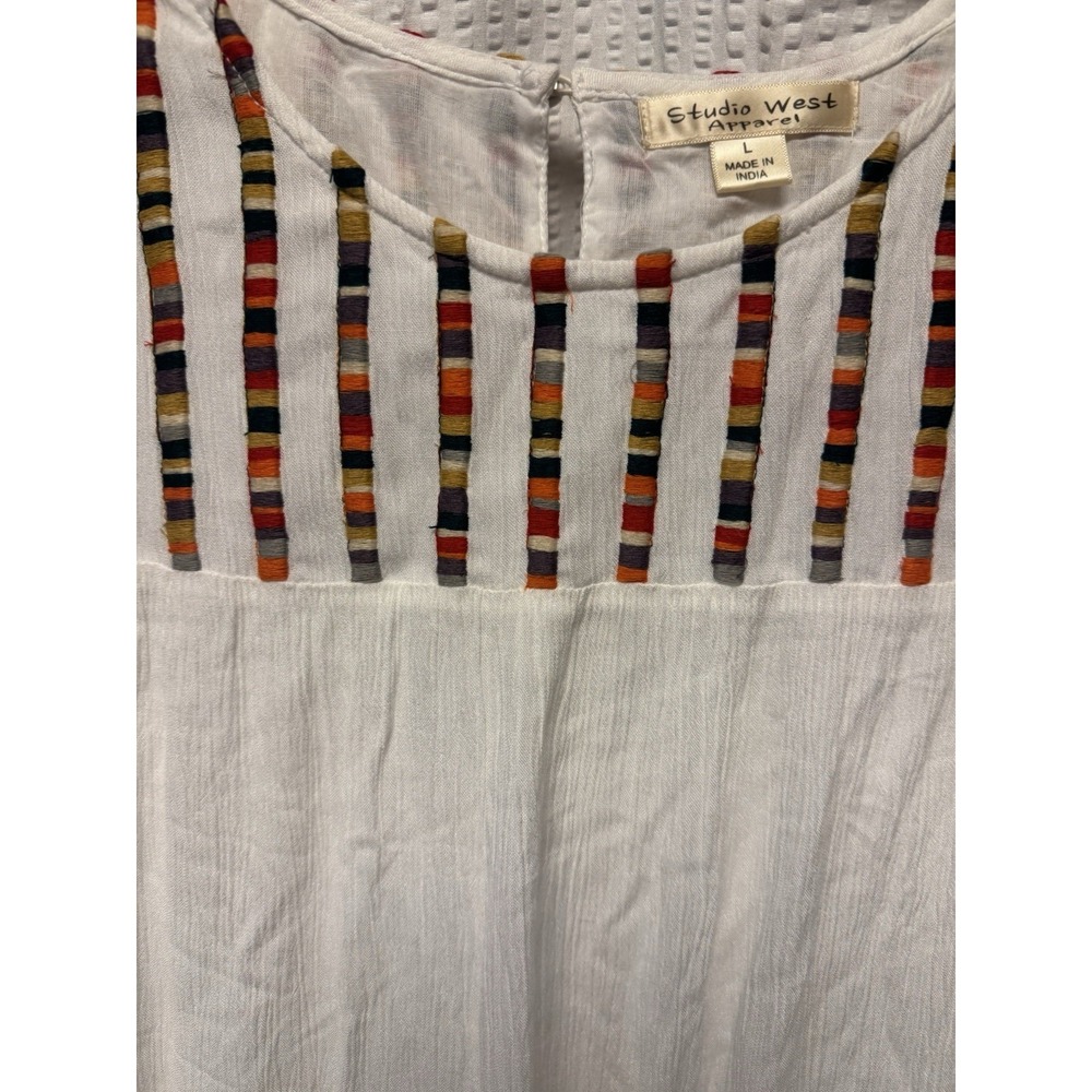 Studio West Women's White Tiered Ruffle Cap Sleeve Rayon SZ L Dress Embroidered - Picture 6 of 15